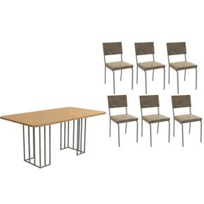 Sala de Jantar Completa Duina c/ Tampo de Madeira 160cm e 6 Cadeiras Zaria Niquel/Freijo - Suede Bege - Kappesberg