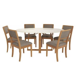 Conjunto: Mesa de Cozinha Elma Tampo Madeirado c/ Vidro 180x105cm e 6 Cadeiras Alice Carvalho/Off White/Vidro Off White - Linho Cin - Kappesberg