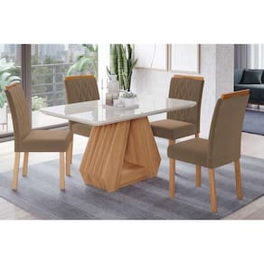 Conjunto: Mesa de Cozinha Ágata Tampo Madeirado c/ Vidro 130x80cm e 4 Cadeiras Juliana Madeirado/Suede Joli Capuccino - Cimol