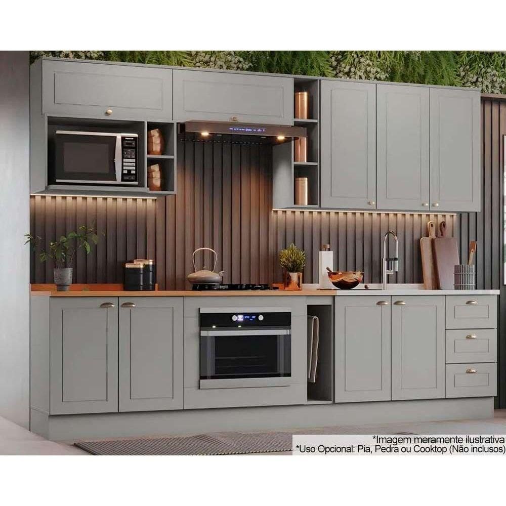 Cozinha Modulada Henn Americana Completa 12 Peças (5Aéreos+4Balcões+3Complementos) CZ314 Cinza-Henn