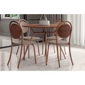 Sala de Jantar Completa 1588 c/ Tampo Madeirado 100cm e 4 Cadeiras 1738 Freijo/Rose - Cobre/Linho Areia/Courino Carame - Carraro