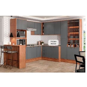 Cozinha Modulada Completa Bella 11 Peças (3Aéreos+3Balcões+1Paneleiro+1Cristaleira+1TorreQuente+1Ilha+1Complemento) C11P50 Nogal/Cinza - Carraro