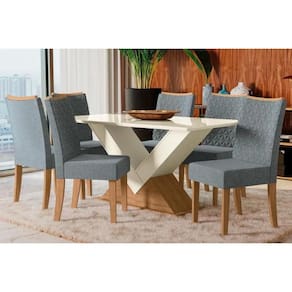 Conjunto: Mesa Sala Jantar Amora Tampo Madeirado c/ Vidro 90x170cm e 6 Cadeiras 2CAD129 Freijo/Off White/Vidro Off White - Suede Tita - Kappesberg