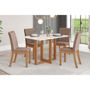 Conjunto: Mesa Sala Jantar Natalí c/ Tampo Madeirado c/ Vidro Reto 120x80cm e 4 Cadeiras Isa Nature/Suede Light Bege - Henn