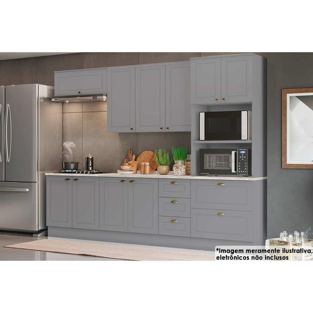 Cozinha Modulada Completa Americana 7 Peças (2Aéreos+2Balcões+1Paneleiro+2Complemento) CZ145 Cinza - Henn