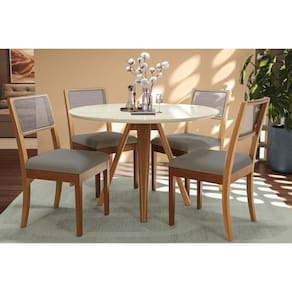 Conjunto: Mesa Sala Jantar Duna Tampo Madeirado c/ Vidro 120x120cm e 4 Cadeiras Lola Carvalho/Off White/Vidro Off White - Linho Cin - Kappesberg
