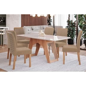 Conjunto: Mesa Sala Jantar Carol Tampo Madeirado c/ Vidro 180x90cm e 6 Cadeiras Clarice Nature/Suede Joli Chocolate - Cimol