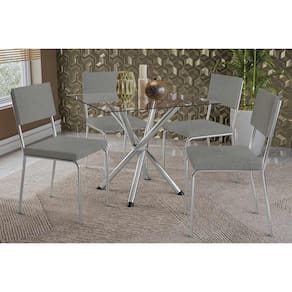 Conjunto: Mesa Sala Jantar Volga c/ Tampo de Vidro 90cm e 4 Cadeiras Zaria Cromada - Boucle Cinza - Kappesberg