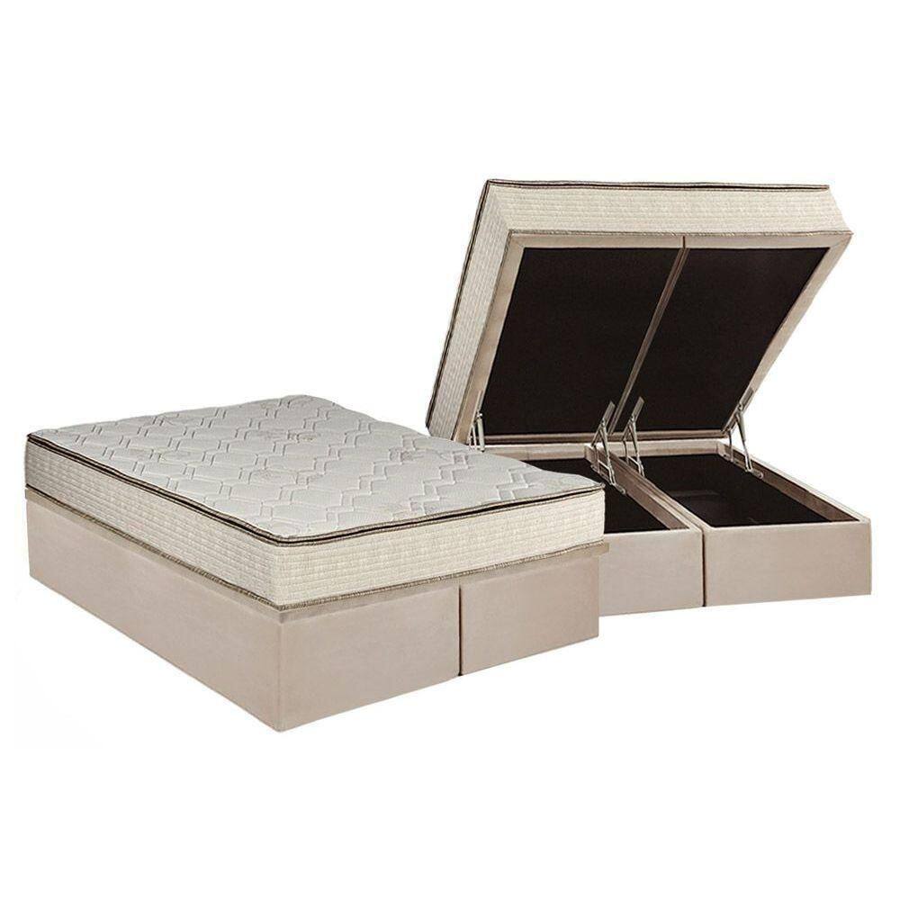 Cama Box Baú Queen: Colchão Molas Bonnel Luckspuma Montreal Spring + Base Crc Suede Clean(158X198)