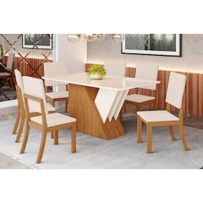 Conjunto: Mesa Sala Jantar Épic SC24 Tampo Madeirado c/ Vidro Canto Curvo 160x90cm e 6 Cadeiras Milla Nature/Suede Light Linho - Henn