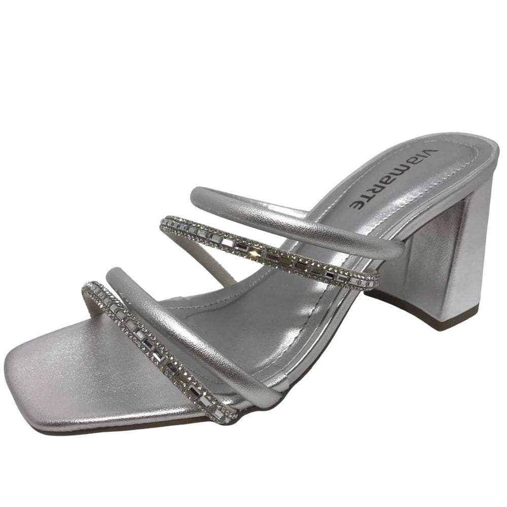 Tamanco Salto Bloco Tiras Strass Conforto Via Marte