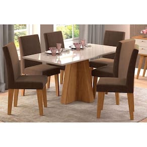 Conjunto: Mesa Sala Jantar Patricia c/ Tampo Madeirado c/ Vidro Canto Reto 160x80m e 6 Cadeiras Milena Nature/Suede Joli Chocolate - Cimol