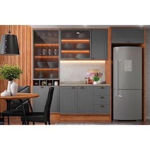 Cozinha Modulada Completa Bella 6 Peças (2Aéreos+1Balcão+1Cristaleira+2Complementos) C6P77 Nogal/Cinza - Carraro