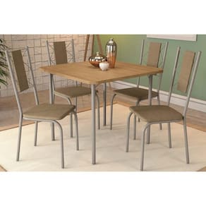 Conjunto: Mesa de Cozinha Sena Tampo Madeirado 90x90cm e 4 Cadeiras Lisboa Niquel/Nogueira - Capuccino - Kappesberg