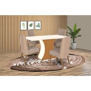 Conjunto: Mesa Sala Jantar Luiza SC15 Tampo Madeirado c/ Vidro Canto Curvo 160x90cm e 4 Cadeiras Anne Nature/Courano/Creme - Henn