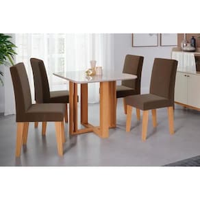 Conjunto: Mesa Sala Jantar Flora c/ Tampo Madeirado c/ Vidro 95x95cm e 4 Cadeiras Milena Nature/Suede Joli Chocolate - Cimol
