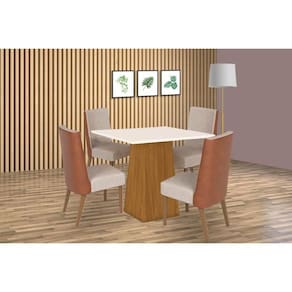 Conjunto: Mesa Sala Jantar Dora Tampo Madeirado 90x90cm e 4 Cadeiras Anne Nature/Courano/Linho - Henn