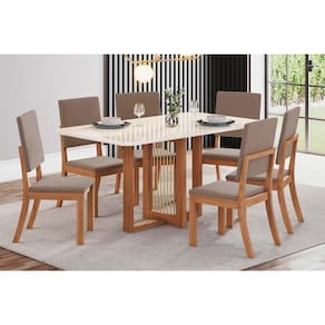 Conjunto: Mesa Sala Jantar Natalí c/ Tampo Madeirado c/ Vidro Curvo 160x90cm e 6 Cadeiras Milla Nature/Suede Light Marrom Amêndoa - Henn