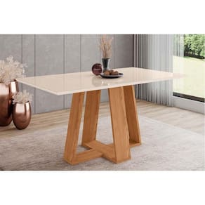 Mesa p/ Cozinha Lins SC93 c/ Tampo Madeirado c/ Vidro Reto 160x90cm Nature/Off White - Henn