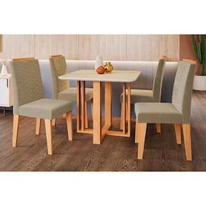 Conjunto: Mesa Sala Jantar Flora c/ Tampo Madeirado c/ Vidro 95x95cm e 4 Cadeiras Clarice Madeirado/ Linho Bege - Cimol