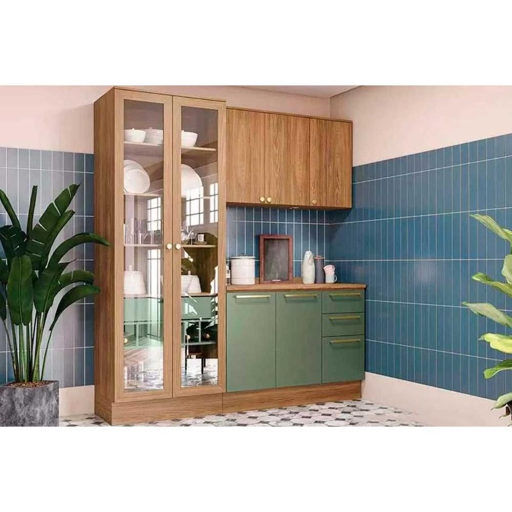 Cozinha Modulada Completa Botanic 4 Peças (1Aéreo+1Balcão+1Cristaleira+1Complemento) M656 Nogueira/Verde Oliva - Kappesberg