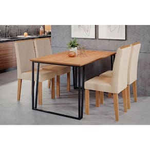 Conjunto: Mesa Sala Jantar Lisa Tampo Madeirado c/ Vidro 130x80cm e 4 Cadeiras Nicole Nature/Suede Nude Bege - Cimol