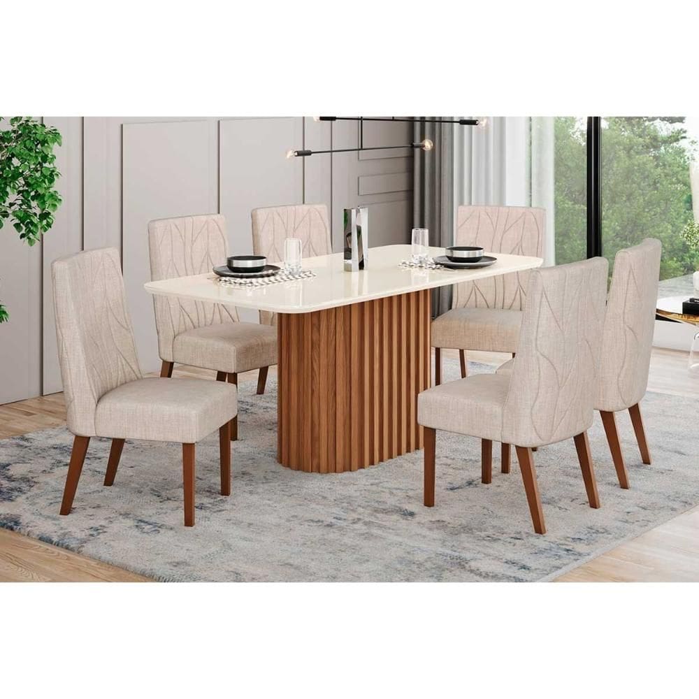 Conjunto: Mesa Sala Jantar Solana c/ Tampo Madeirado c/ Vidro Curvo 160x90cm e 6 Cadeiras Eloa Nature/Suede Light Linho - Henn