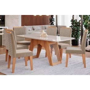 Conjunto: Mesa Sala Jantar Carol c/ Tampo Madeirado c/ Vidro 180x90cm e 6 Cadeiras Clarice Nature/Suede Joli Chocolate - Cimol