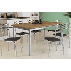 Conjunto: Mesa Sala Jantar Reno c/ Tampo Madeira 160cm e 6 Cadeiras Portugal Cromada/Preto 110 - Kappesberg
