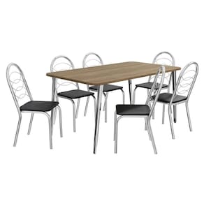 Conjunto: Mesa de Cozinha Iguaçu Tampo Madeirado 90x160cm e 6 Cadeiras Holanda Cromado/Nogueira - Preto - Kappesberg