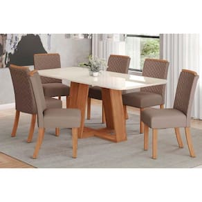 Conjunto: Mesa Sala Jantar Lins c/ Tampo Madeirado c/ Vidro Curvo 200x90cm e 6 Cadeiras Malu Nature/Suede Light Marrom Amendoa - Henn