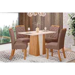 Conjunto: Mesa Sala Jantar Orus Tampo Madeirado c/ Vidro 120x80cm e 4 Cadeiras Bella Nature/Suede Light Marrom Amendoa - Henn