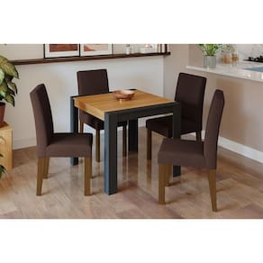 Conjunto: Mesa Sala Jantar Grace Tampo Madeirado 90x90cm e 4 Cadeiras Milena Nature/Suede Joli Chocolate - Cimol