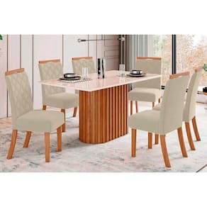 Conjunto: Mesa Sala Jantar Solana c/ Tampo Madeirado c/ Vidro Reto 160x90cm e 6 Cadeiras Bella Nature/Linho - Henn