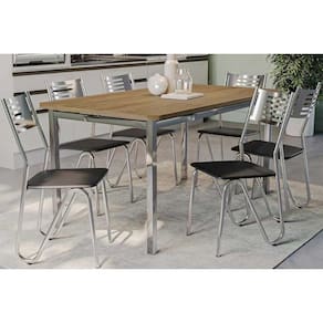 Conjunto: Mesa Sala Jantar Reno c/ Tampo de Madeira 160cm e 6 Cadeiras Nápoles Cromada/Preto 110 - Kappesberg