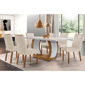 Conjunto: Mesa Sala Jantar Jade Tampo Madeirado c/ Vidro Canto Curvo 180x90 e 6 Cadeiras Jade Imbuia/Off White - Suede Creme - Rufato
