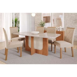 Conjunto: Mesa Sala Jantar Louise Tampo Madeirado c/ Vidro 180x90cm e 6 Cadeiras Fernanda Cinamomo/Off White - Nature-Madeirado/Suede Nu - Cimol