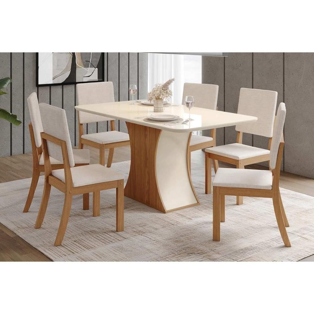 Conjunto: Mesa Sala Jantar Luiza c/ Tampo Curvo Madeirado c/ Vidro 160x80cm e 6 Cadeiras Milla Nature/Linho - Henn