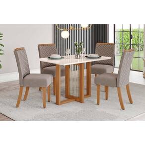 Conjunto: Mesa Sala Jantar Natalí c/ Tampo Madeirado c/ Vidro Reto 120x80cm e 4 Cadeiras Malu Nature/Suede Light Marrom Amendoa - Henn