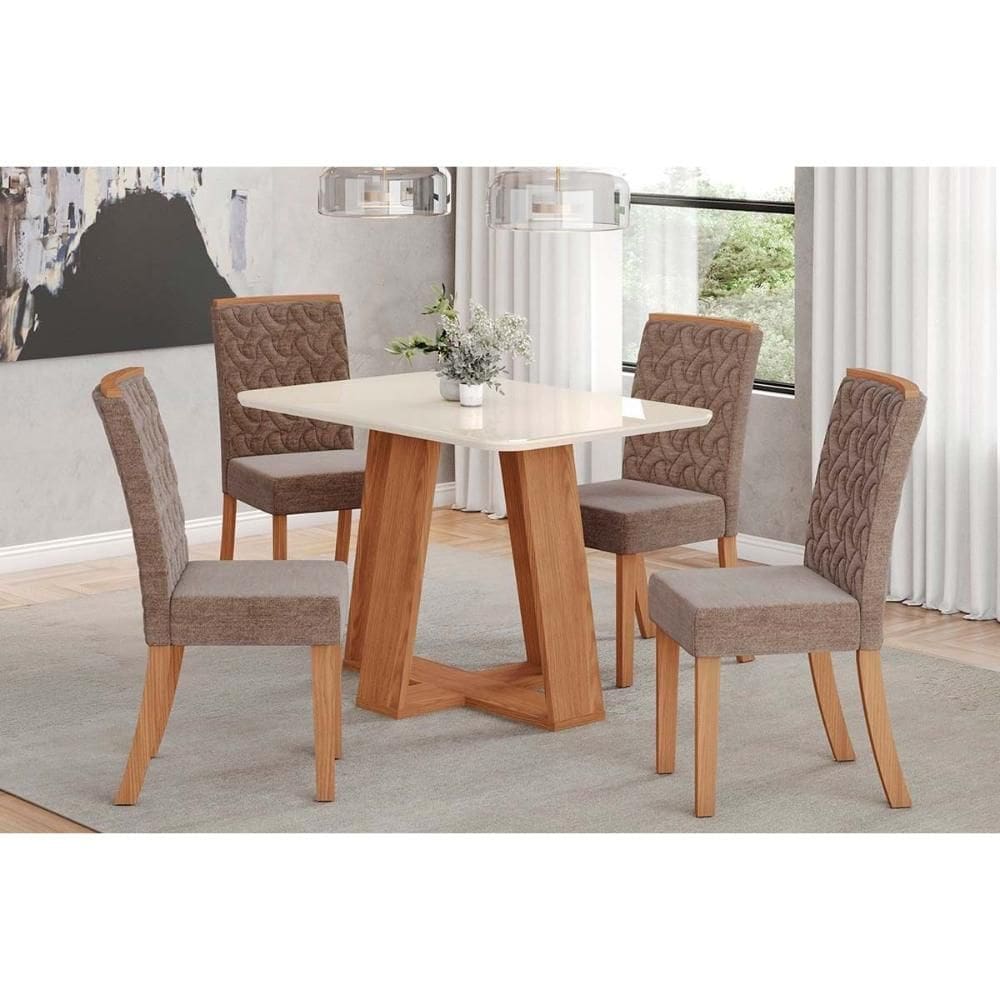 Conjunto: Mesa Sala Jantar Lins c/ Tampo Madeirado c/ Vidro Curvo 120x80cm e 4 Cadeiras Esther Nature/Linho Cacao - Henn