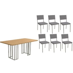 Sala de Jantar Completa Duina c/ Tampo de Madeira 160cm e 6 Cadeiras Zaria Niquel/Freijo - Suede Cinza - Kappesberg