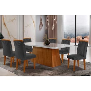 Conjunto: Mesa Sala Jantar Luna Tampo Madeirado c/ Vidro Reto 180x90 e 6 Cadeiras Amsterdã Capuccino/Suede Grafite - Rufato