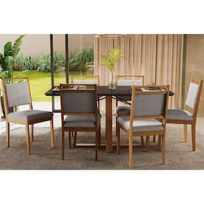 Conjunto: Mesa Sala Jantar Elma Tampo Madeirado c/ Vidro 90x160cm e 6 Cadeiras Lina Carvalho/Preto fosco/Vidro preto - Linho Cinza - Kappesberg