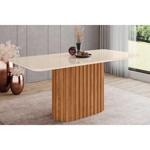 Mesa p/ Cozinha Solana SC84 c/ Tampo Madeirado c/ Vidro Curvo 180x90cm Nature/Off White - Henn