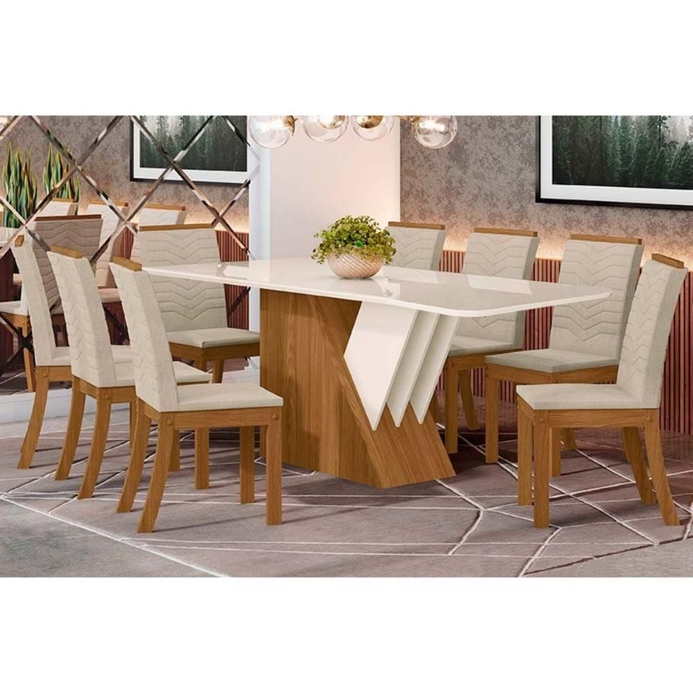 Conjunto: Mesa Sala Jantar Epic Tampo Madeirado c/ Vidro 200x90cm e 8 Cadeiras Isa Nature/Linho - Henn