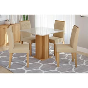 Sala de Jantar Completa Sophia c/ Tampo Madeirado c/ Vidro 95x95cm e 4 Cadeiras Taís Nature/Off White-Suede Nude Bege - Cimol