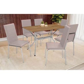Conjunto: Mesa Sala Jantar Loire c/ Tampo de Madeira 160cm e 6 Cadeiras Amsterdã Cromada/Nude 16 - Kappesberg
