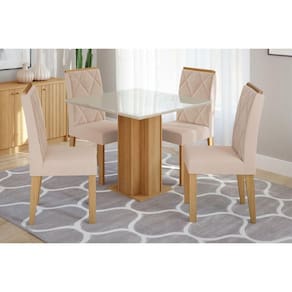 Sala de Jantar Completa Sophia c/ Tampo Madeirado c/ Vidro 95x95cm e 4 Cadeiras Fernanda Nature/Off White-Suede Nude Bege - Cimol
