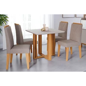 Conjunto: Mesa Sala Jantar Flora Tampo Madeirado c/ Vidro 95X95cm e 4 Cadeiras Nicole Nature/Linho Bege - Cimol