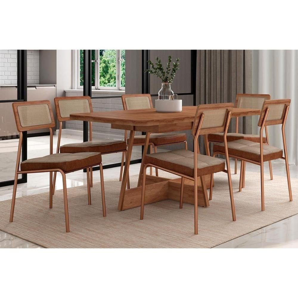 Conjunto: Mesa Sala Jantar Átria 1592 Aço c/ Tampo Madeirado 160x90cm e 6 Cadeiras Lux Rose/Freijo/Nogal - Rose/Areia - Caramelo - Carraro